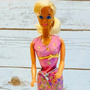 MATTEL BARBIE Blonde Hair Blue Eyes Pink Floral Dress 12" Tall